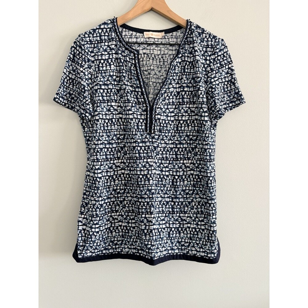 Tory Burch Linen Top Blue White Tribal Print Short Sleeve Tunic Women’s Medium